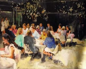 Rob Jacobs schildert doek van Bruiloftsdiner, in Noord-Holland te Amsterdam, van 100x80cm.