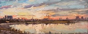 Rob Jacobs schildert doek van Cityview at Sunset, in Noord-Brabant te Den Bosch, van 17x38cm.