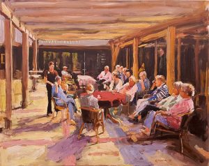 Rob Jacobs schildert doek van Diner, in Noord-Brabant te Grootenhout, van 80x100cm.