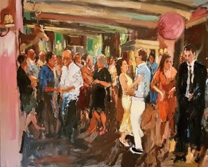 Rob Jacobs schildert doek van Feest, in Noord-Holland te Abcoude, van 100x80cm.