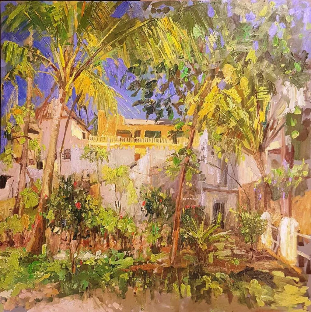 Rob Jacobs schildert doek van Hotel, van Garden-Batil-Annan, van 120x120cm.