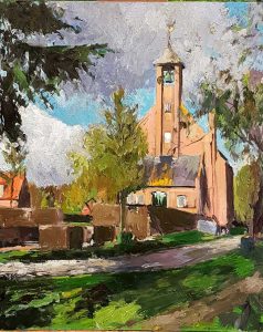 Rob Jacobs schildert doek van Kerk, in Noord-Brabant te Nederhemert, van 50x70cm.