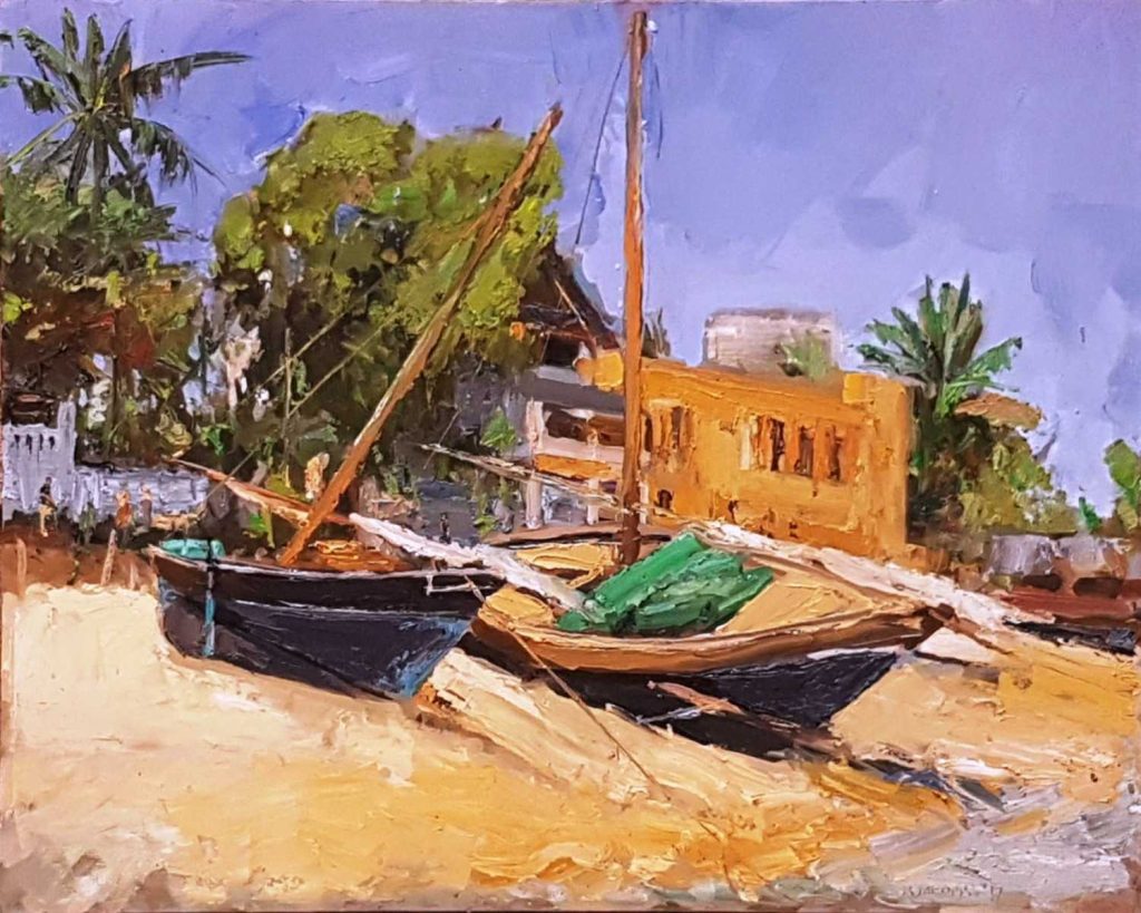 Rob Jacobs schildert doek van Strand, 2 Old Boats, van 100x80cm.