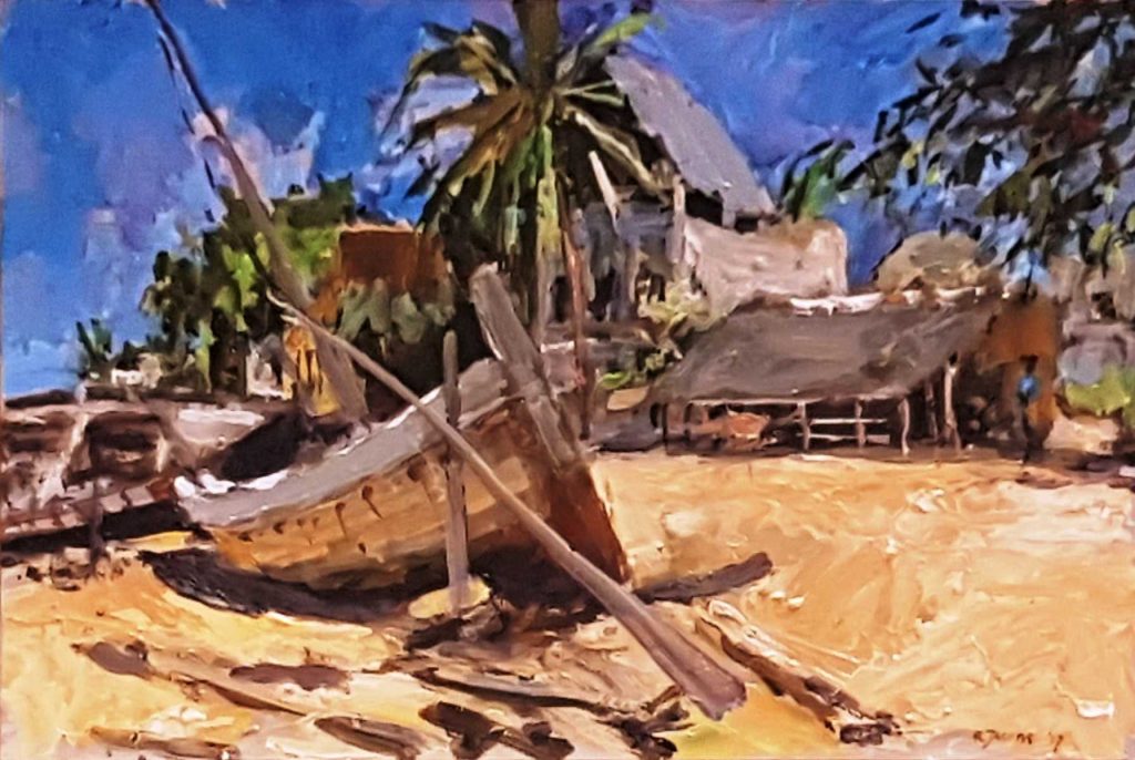 Rob Jacobs schildert doek van Strand, 2 Old Boats, van 60x40cm.