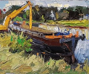 Rob Jacobs schildert doek van Workingboat, in Noord-Brabant te Engelen, van 24x30cm.