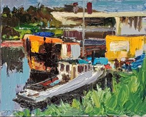 Rob Jacobs schildert doek van Workingboats, in Noord-Brabant te Engelen, van 24x30cm.