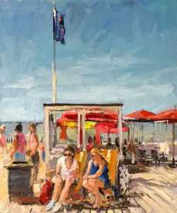 Live paint 2 dames strand Katwijk 21x29cm Rob Jacobs