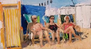 Rob Jacobs schildert doek van 3 strandgasten Katwijk, Zomer.