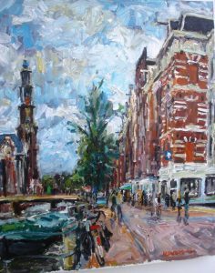 Rob Jacobs schildert doek van 60x70cm, van Amsterdam Stadsbeeld in Noord-Holland.
