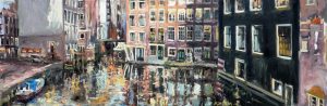 Rob Jacobs schildert doek van 150x50cm, van Amsterdam Stadsbeeld in Noord-Holland.