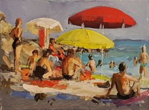 Rob Jacobs schildert doek van 40x50cm acryl op het strand in Baai Bogliasco , It.