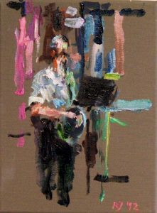 Rob Jacobs schildert doek van 18x24cm, van Banjospeler, in Noord-Brabant.