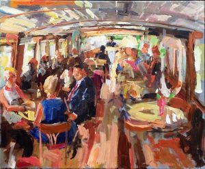 Rob Jacobs schildert doek van 60x50cm, tijdens Boottocht, in Noord-Holland te Amsterdam.