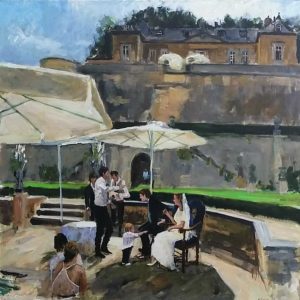 Rob Jacobs schildert doek van 80x100cm, tijdens Bruiloft, in Limburg te Maastricht.