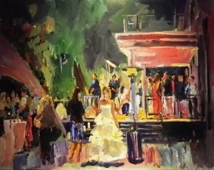 Rob Jacobs schildert doek van 80x100cm tijdens Bruiloft in Zwolle.