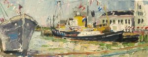 Rob Jacobs schildert doek van Buitenhaven Maassluis 400jr, van 50x20cm, olie, in Zuid-Holland te Maassluis.