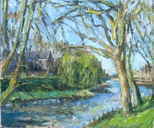 Rob Jacobs schildert doek van Capucijnenklooster De Dommel, van 60x50cm, olie, in Noord-Brabant te Boxtel.