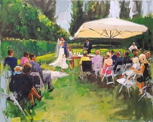 Rob Jacobs schildert doek van 80x100cm, tijdens Ceremonie, in Limburg te Sittard.