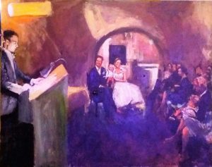 Rob Jacobs schildert doek van 80x100cm, tijdens Ceremonie, in Utrecht te Bunnik.