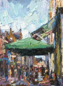 Rob Jacobs schildert doek van De Roozenkrans, van 18x24cm, olie, in Noord-Brabant te Vlierbleek.