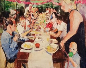 Rob Jacobs schildert doek van 80x100cm tijdens het diner in Den Haag, Zuid-Holland.