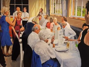 Rob Jacobs schildert doek van 160x120cm acryl-olie tijdens het diner van het familiediner.