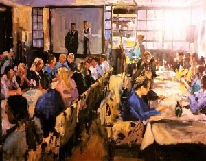 Rob Jacobs schildert doek van 100x80cm, tijdens Diner, in Gelderland te Geldrop.