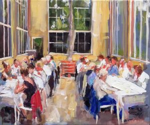 Rob Jacobs schildert doek van 60x50cm, tijdens Diner, in Noord-Holland te Amsterdam.