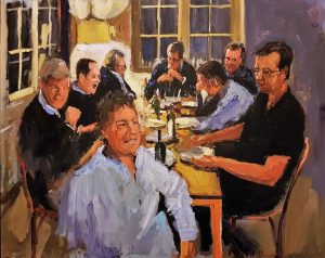 Rob Jacobs schildert doek van 80x100cm, tijdens Diner, in Noord-Holland te Amsterdam.