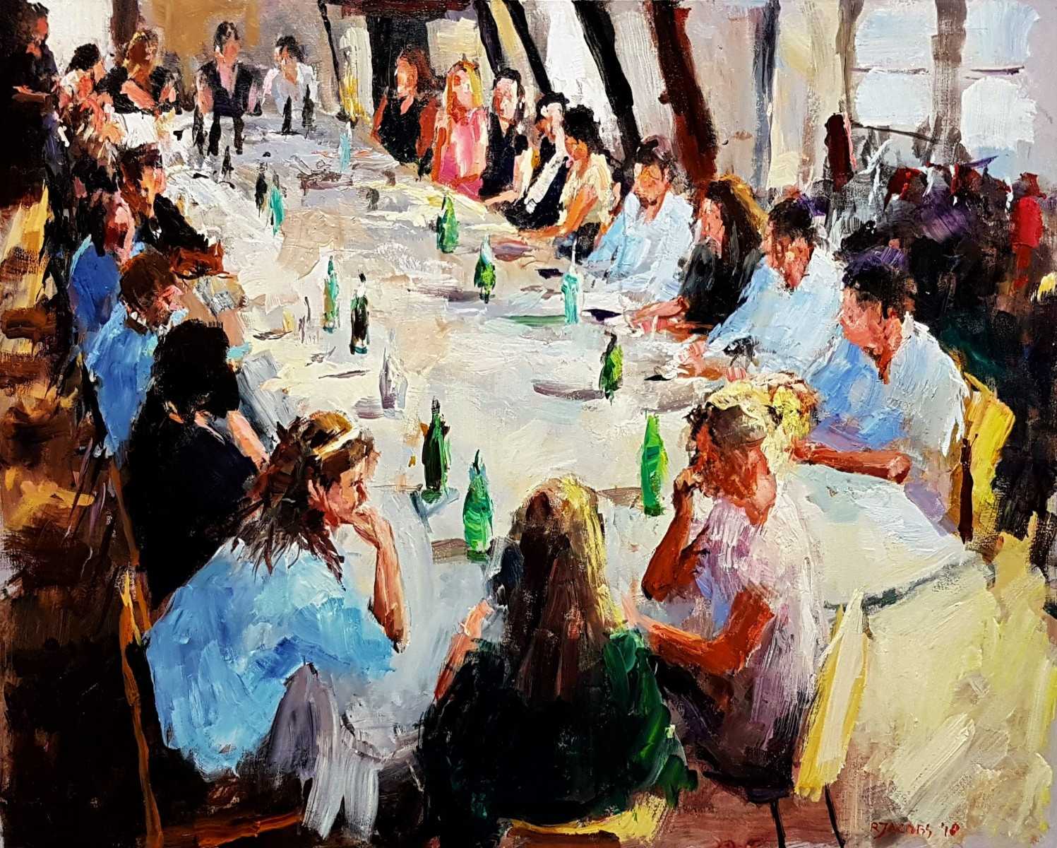 Rob Jacobs schildert doek van 80x100cm tijdens een diner in Amsterdam.
