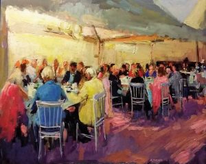 Rob Jacobs schildert doek van 100x80cm, tijdens Diner, in Noord-Holland te Bussum.