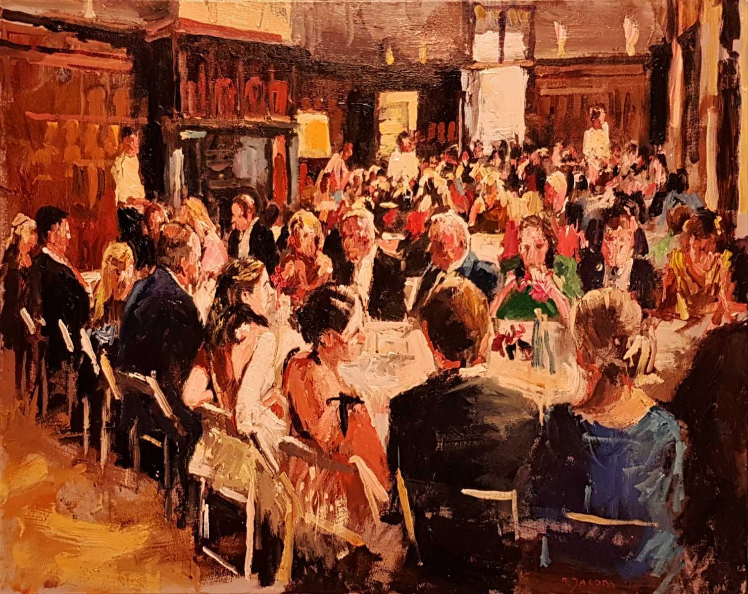 Rob Jacobs schildert doek van 80x100cm tijdens het diner in Rheden, Gelderland.
