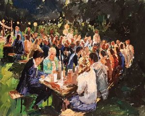 Rob Jacobs schildert doek van 80x100cm, tijdens Diner, in Utrecht te Leersum.