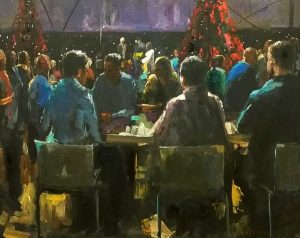 Rob Jacobs schildert doek van 100x80cm, tijdens Diner, in Zuid-Holland te Noorden.
