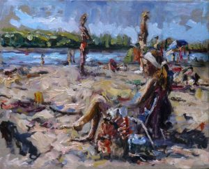 Rob Jacobs schildert doek van 50x40cm, van Els Engelermeer, in Den Bosch..