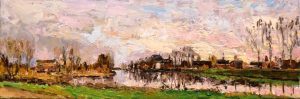 Rob Jacobs schildert doek van Engelen, van 90x30cm, in Noord-Brabant te Engelen.