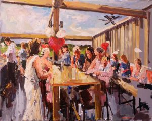 Rob Jacobs schildert doek van 100x80cm, tijdens Feest, in Gelderland te Teuge.