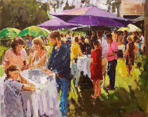 Rob Jacobs schildert doek van 80x100cm, tijdens Feest, in Gelderland te Wekerom.