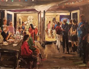 Rob Jacobs schildert doek van 80x100cm, tijdens Feest, in Noord-Brabant te BerkelEnschot.
