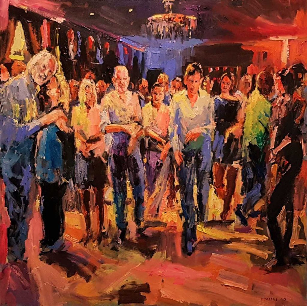 Rob Jacobs schildert doek van 100x100cm, tijdens Feest, in Noord-Brabant te Breda.