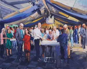 Rob Jacobs schildert doek van 100x80cm, tijdens Feest, in Noord-Brabant te Veghel.