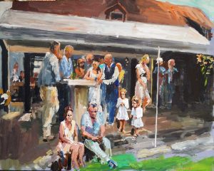 Rob Jacobs schildert doek van 100x80cm, tijdens Feest, in Noord-Brabant te Wintelre.