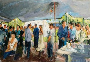 Rob Jacobs schildert doek van 80x100cm, tijdens Feest, in Utrecht te Schaik.