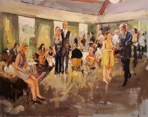 Rob Jacobs schildert doek van 80x100cm, tijdens Feest, in Zuid-Holland te Leiden.