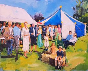 Rob Jacobs schildert doek van 80x100cm, tijdens Festival, in Drenthe te Holsloot.