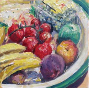 Rob Jacobs schildert doek van Fruit met tomaten, in Noord-Brabant.
