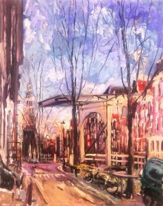 Rob Jacobs schildert doek van 80x100cm, van Groenburgwal Zuiderkerk Adam, in Noord-Holland te Amsterdam.