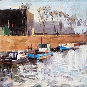 Rob Jacobs schildert doek van 30x30cm oil in de haven van Diezekade, DB.