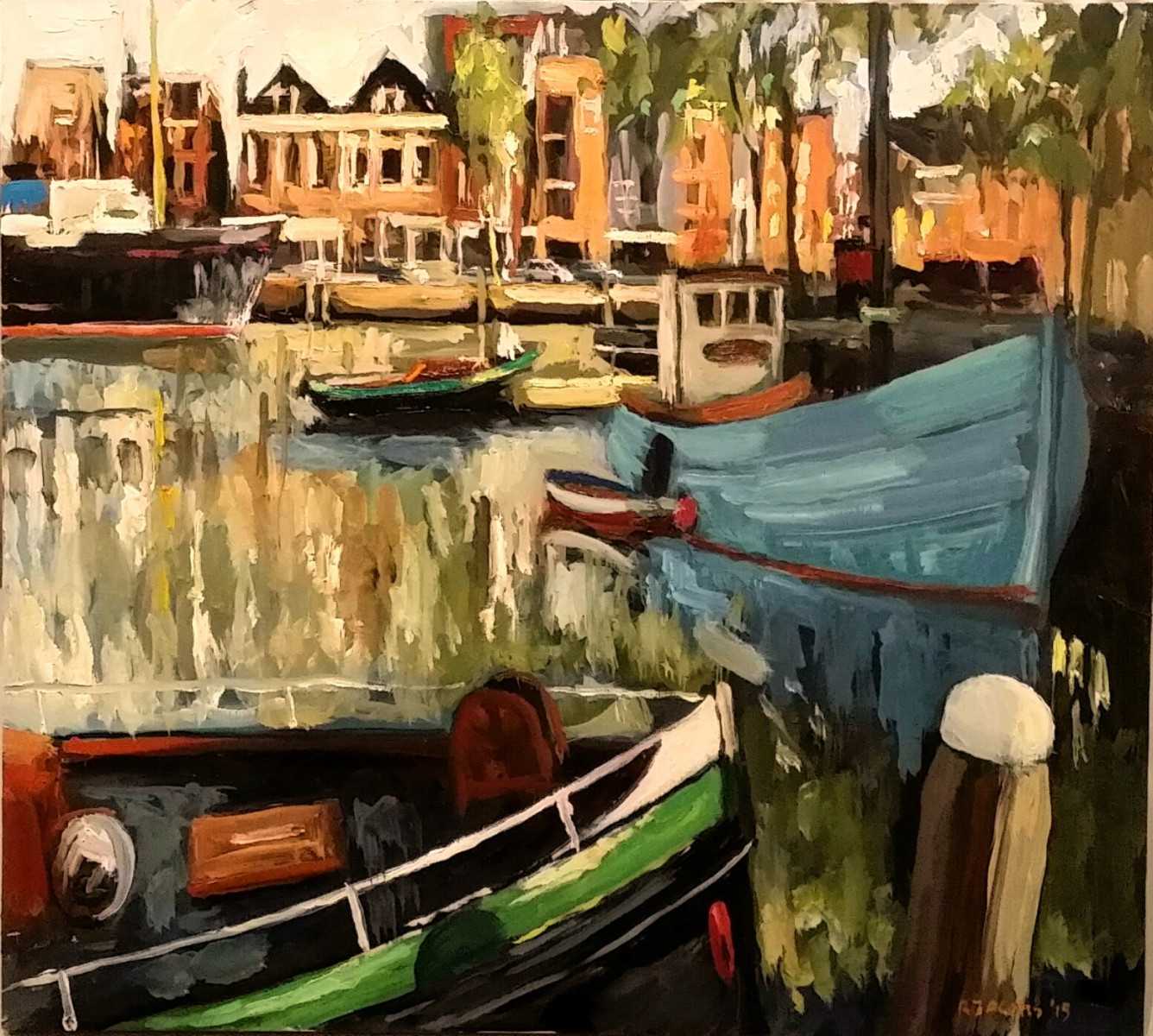 Rob Jacobs schildert doek van 514x414mm in de haven van Maassluis, Zuid-Holland op 10 oktober 2015.