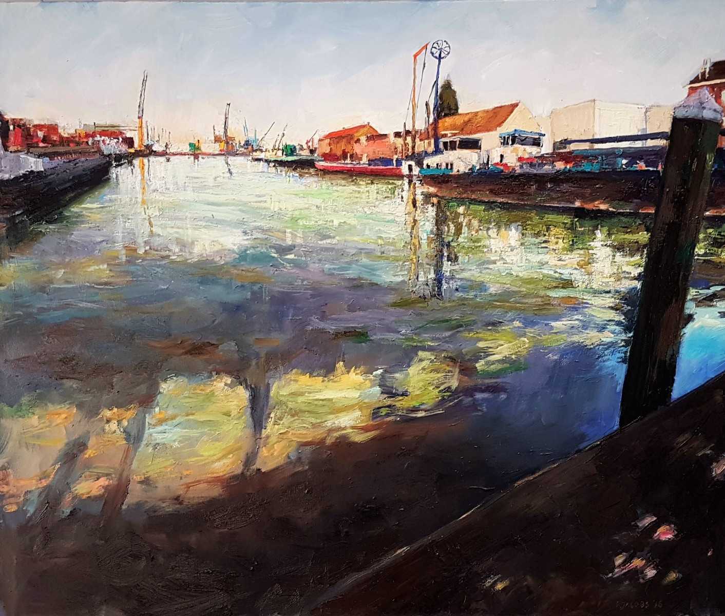 Rob Jacobs schildert doek van 120x100cm oil in de haven van Wilhelminahaven, Vlaardingen.